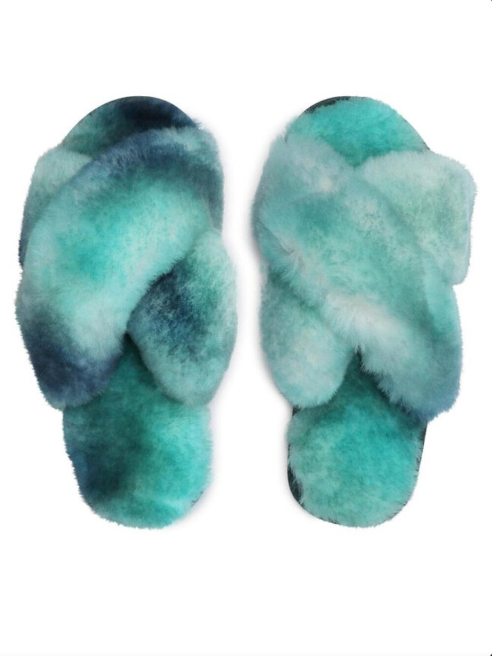 EMU Australia Mayberry Tie Dye Sheepskin Crossover Slippers Green Sea Size 7